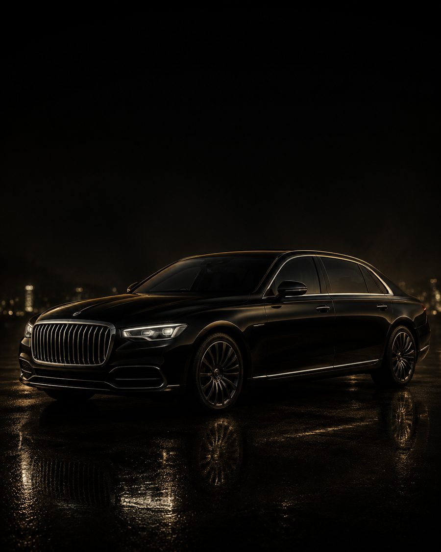 Placeholder image of a black chauffeur sedan at night.