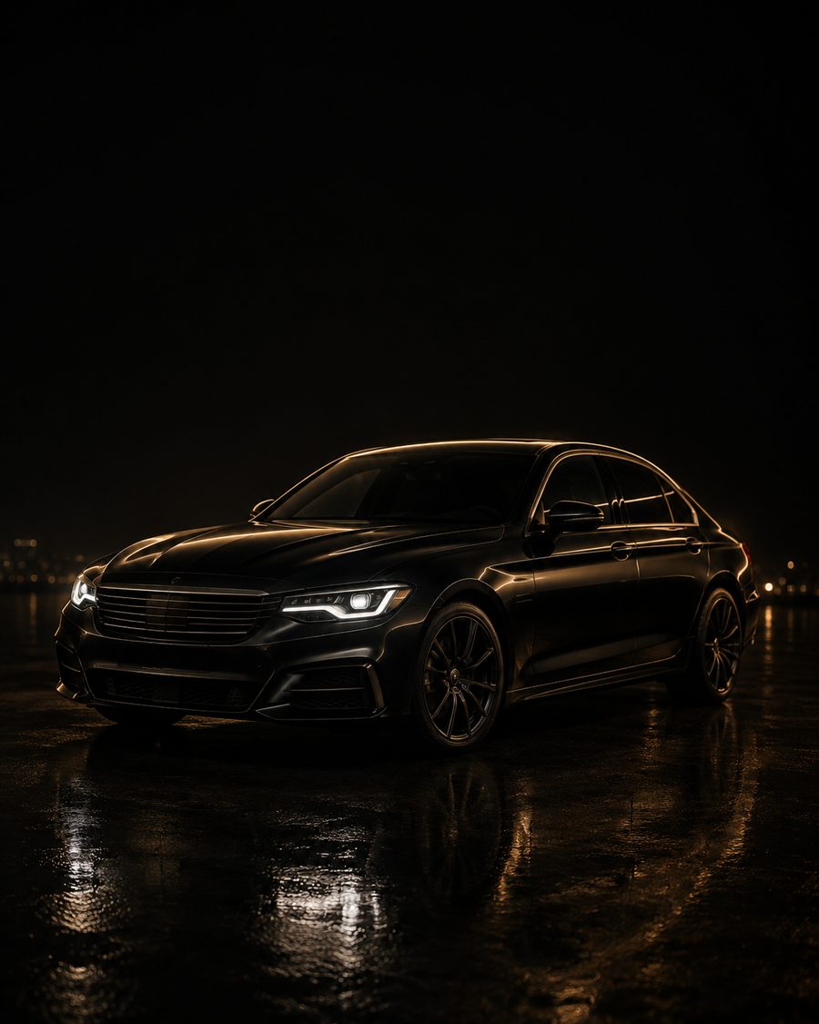 A black executive sedan on wet pavement at night.