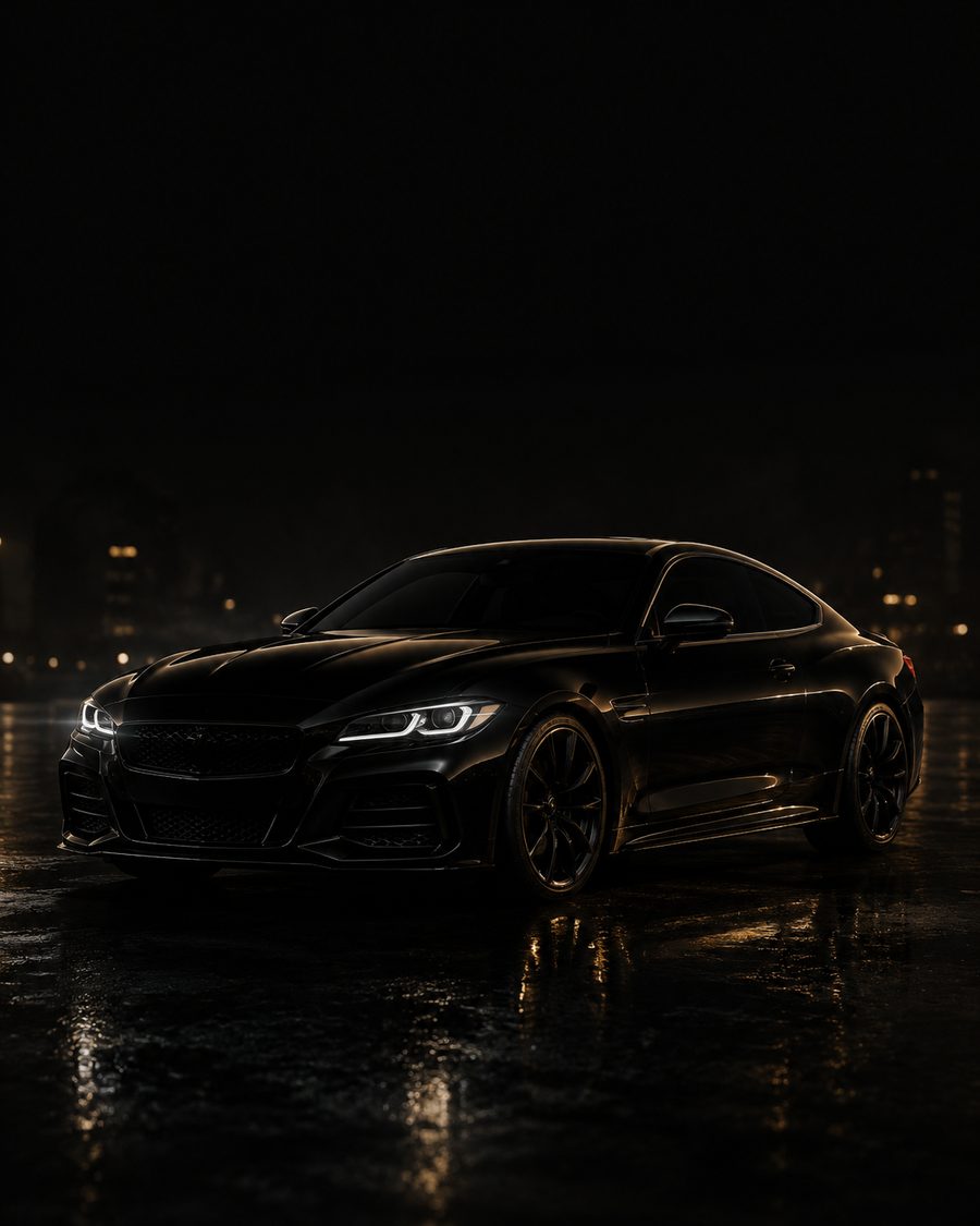 Placeholder image of a black sport coupe at night.