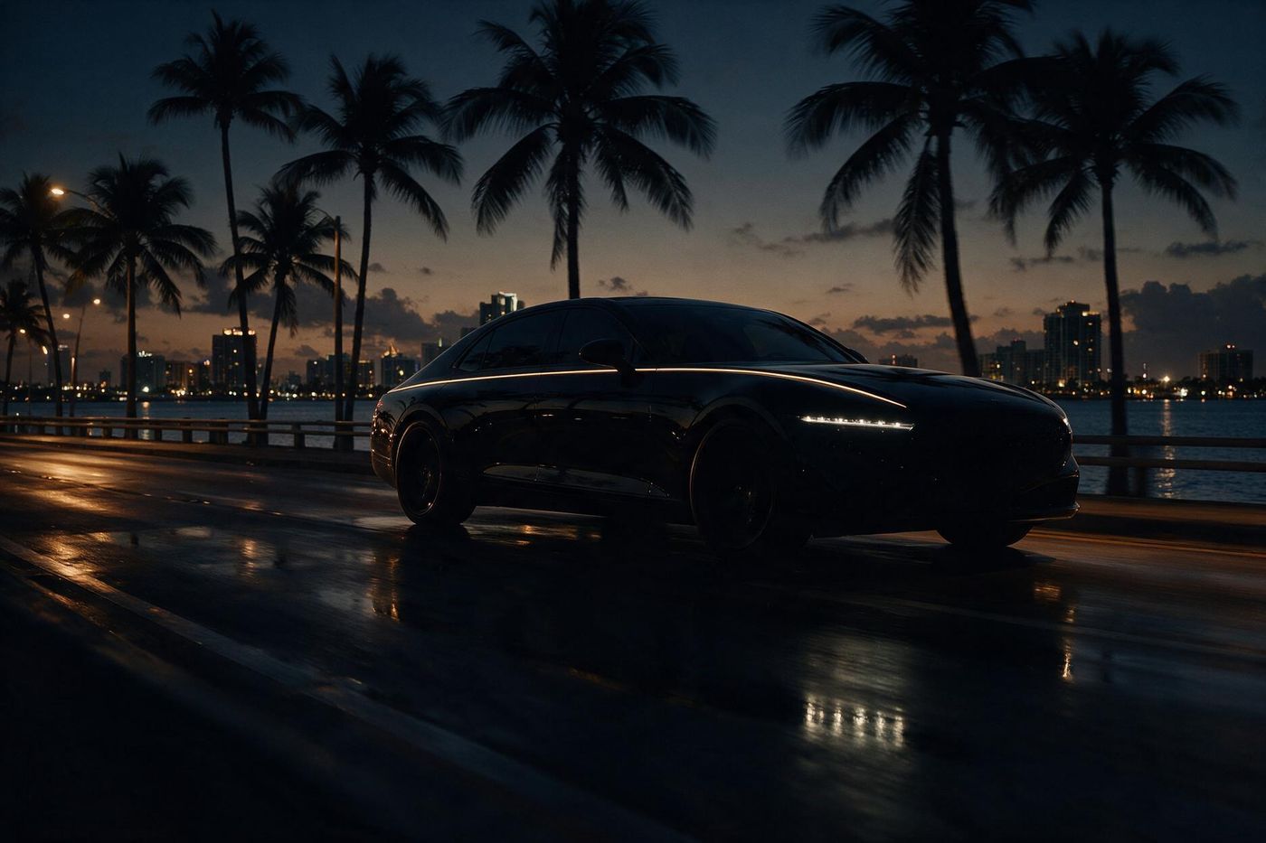 A black sedan on a Miami causeway at dusk with palm trees.
