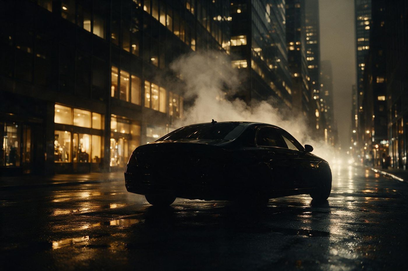 A black sedan on a wet Manhattan street at night.
