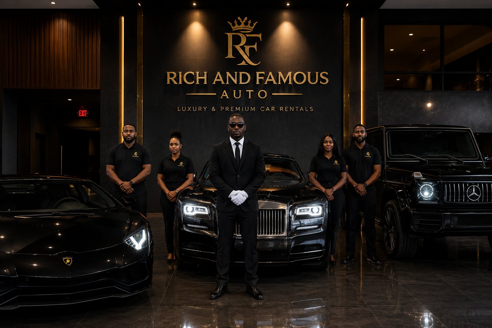 The Rich And Famous Auto team standing with the fleet in front of the company's showroom sign.